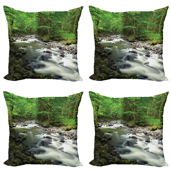 Ambesonne Nature Throw Pillow Cover 4 Pack, Riverbed Rocks Trees, 18", Green Grey White
