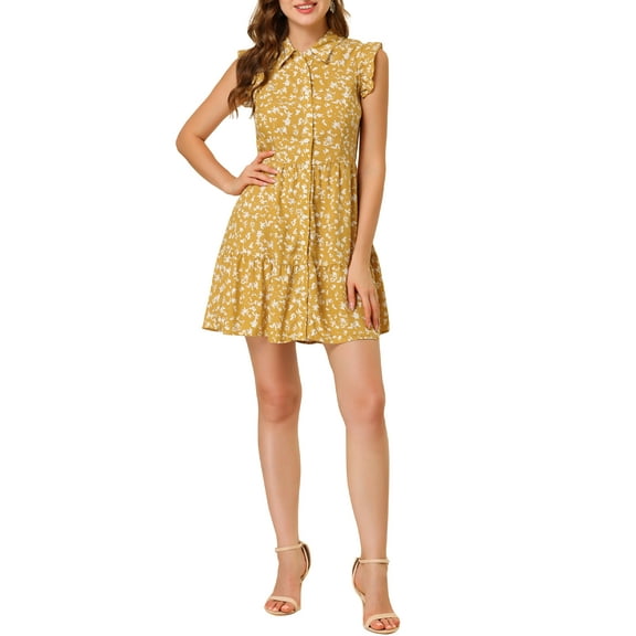 INSPIRE CHIC Women's Full Placket Above Knee Gathering Print Flare Sleeve Dresses M Yellow