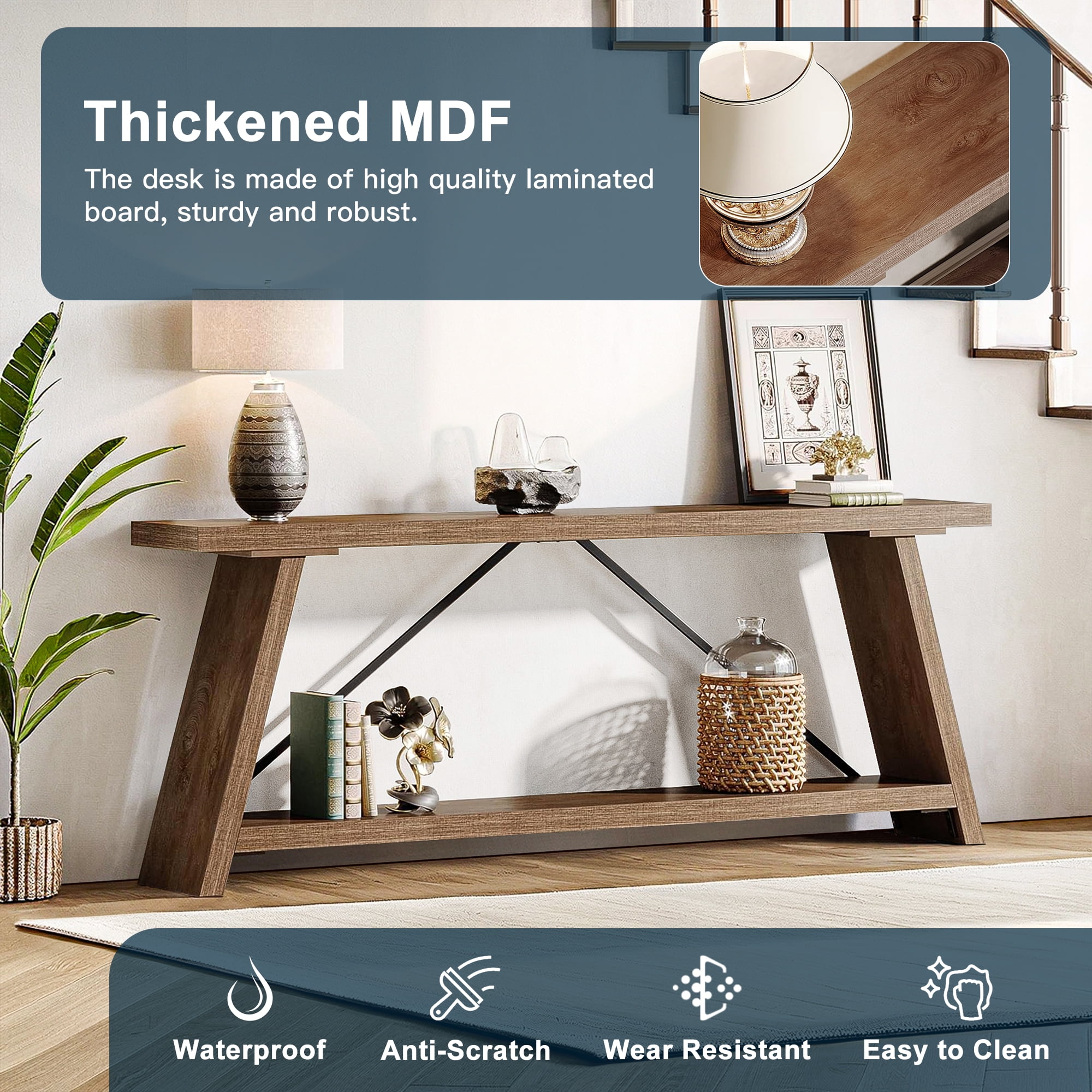 Demi Bonn 70.9" Console Table, Rustic Vintage Narrow Sofa Table for Entryway, Living Room, Hallway, Walnut