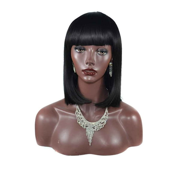 Wweixi Shoulder Length Short Straight Flat Bangs Black Women Feminine Natural as Human Hair Wigs