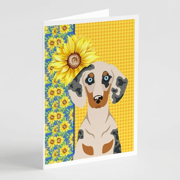 Summer Sunflowers Cream Dapple Dachshund Greeting Cards and Envelopes Pack of 8 7 in x 5 in