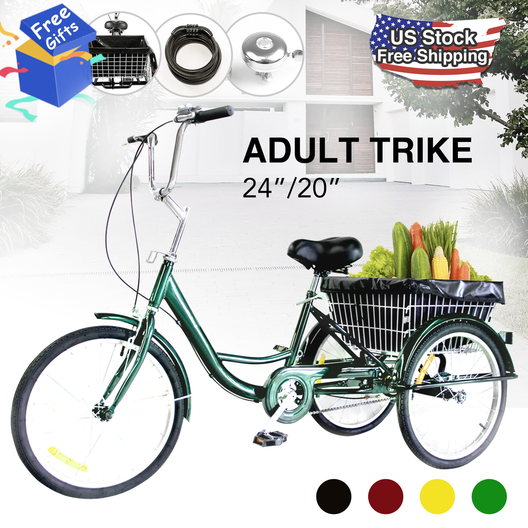 Shopping,Picnics Exercise Color : Red Color:Red Xinmier Adult Bicycle 20inch Adult Tricycle Three Wheel Cruiser Bike with Rear Seat and Seat Belt for Recreation 