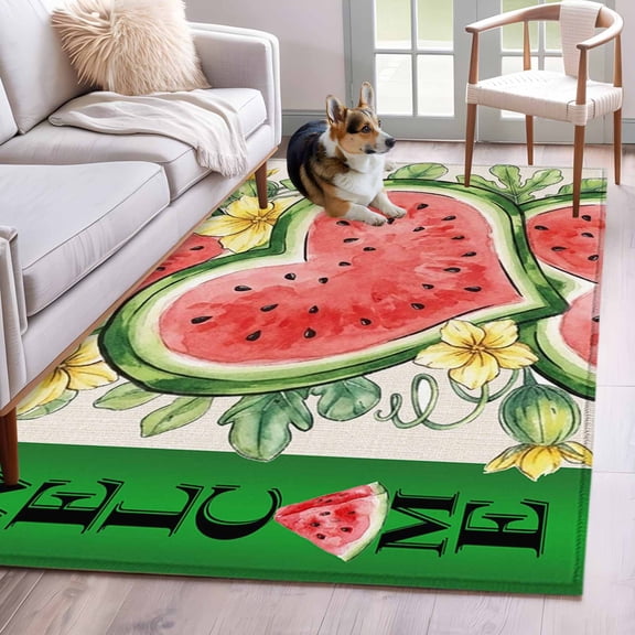 Welcome Summer Watermelon Area Rugs 3'x5', Washable Small Throw Rugs for Living Room Bedroom, Love Heart Fruits Flowers Leaves Indoor Outdoor Rug Non-Slip Low Pile Carpet Runner Reversible Floor Mats