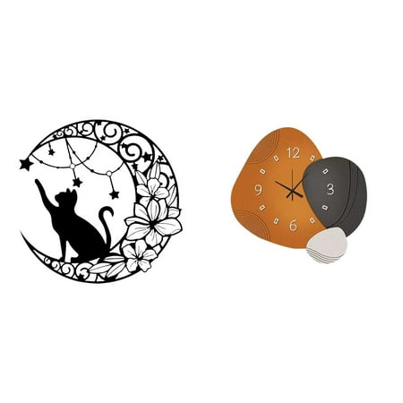 CoudarTitie Mystical Feline Timepiece Wall Art Black Cat Moon Sculpture Modern Decorative Clock Ornament for Home Bedroom Bathroom Restaurant Gift