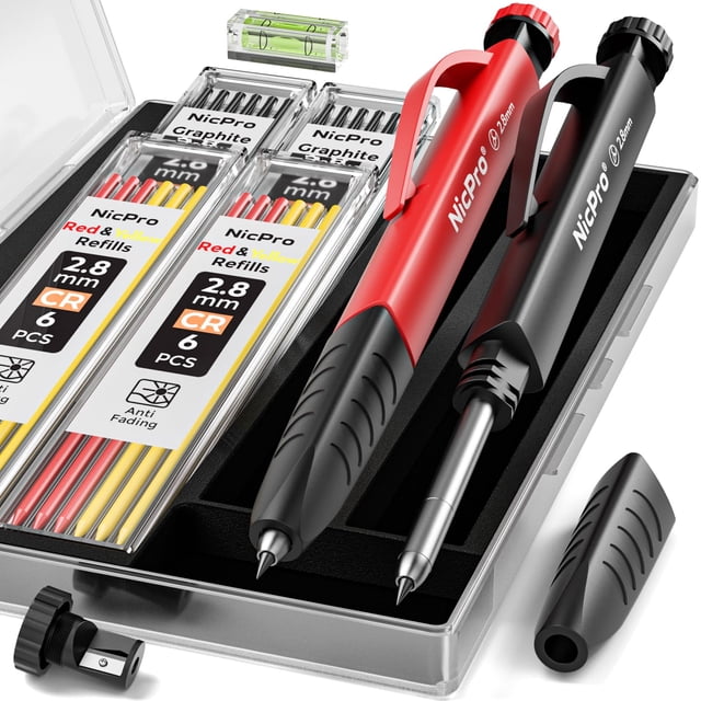Nicpro 2 Pack Carpenter Pencil Set with Sharpener & Finger Grip, Mechanical Woodworking Pencils wit