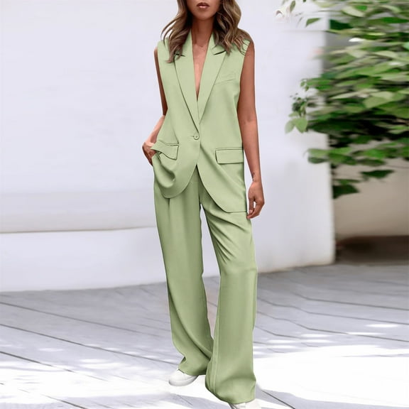 Riforla Women's 2 Piece Outfits Sleeveless Suit Vest and Wide Leg Pants Business Casual Sets Two Piece Sets for Women Green M