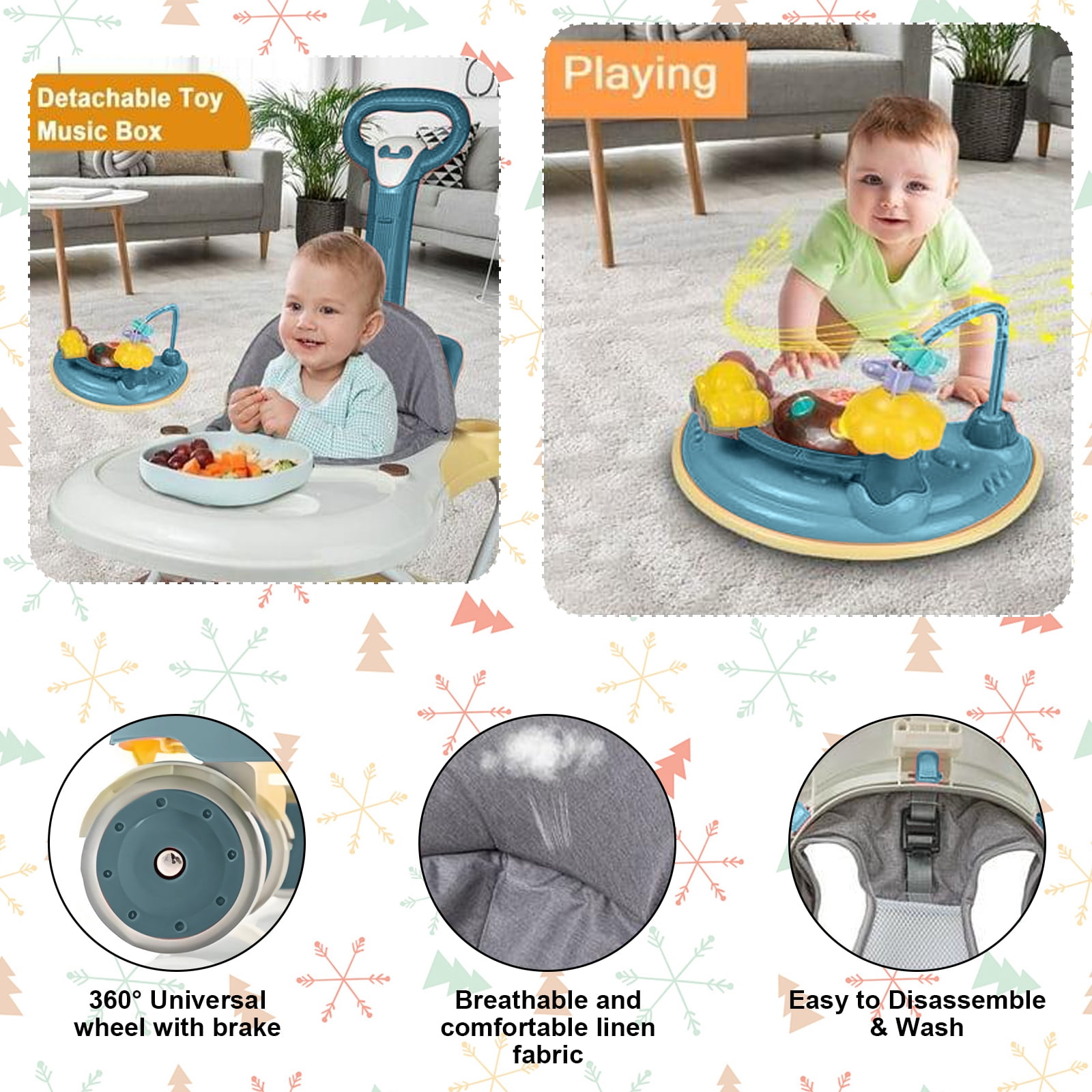 ManyFun 5-in-1 Baby Walker, Musical Activity Push Walker with Detachable Awning Footrest, Adjustable Height, Blue