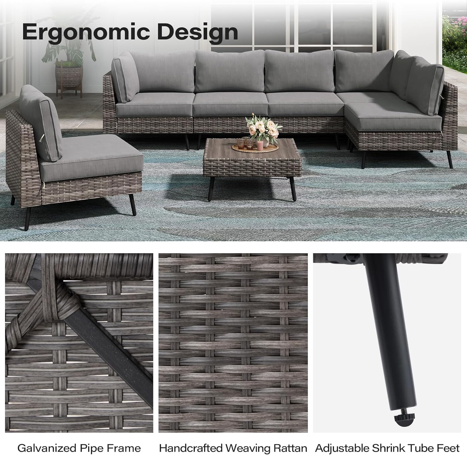 KAMEROUT 7 Pieces Outdoor Furniture Set, Patio Rattan Sectional Conversation Set with 6 Chairs and 1 Coffee Table, Gray Cushions