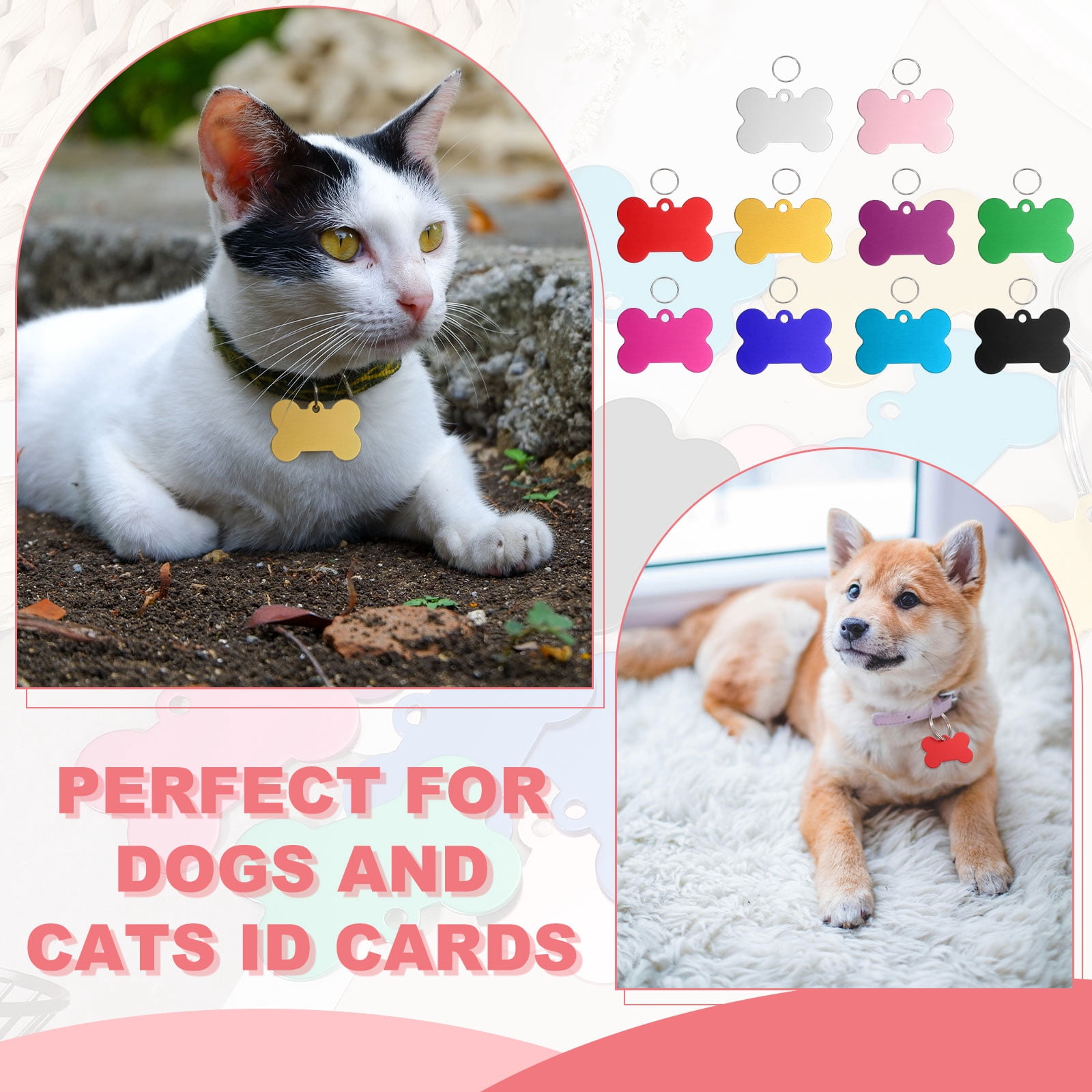 Pet ID Tags, Personalized Dog Cat Tag Aluminum Bone Shape Engraved Blank with Key Ring 38x25mm (Rose Red, 36 Pcs)