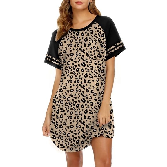 EKOUAER Nightgowns for Women Short Sleeve Sleepshirts Crew Neck Nightshirts Color Block Pajamas Dress Soft Sleepwear