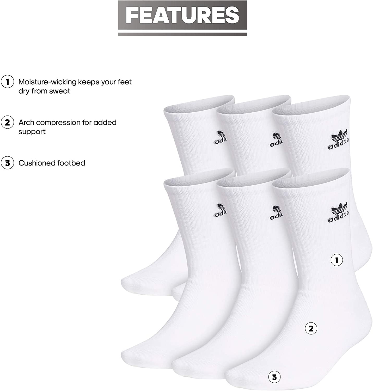 Adidas Trefoil Crew 6 Pairs Unisex Socks Size 6-12, Color: White
