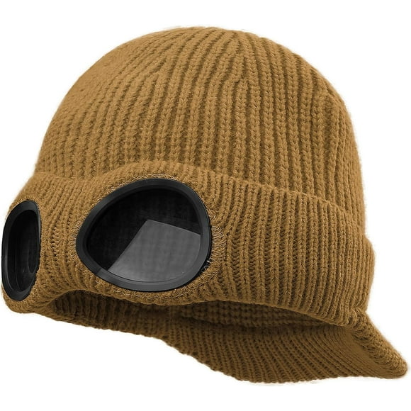 shiyou-Visor Beanie Hat for Men Winter Toque Stylish Beanies with Brim Goggles Warm Fleece Ski Skullcap Knit Watch Caps