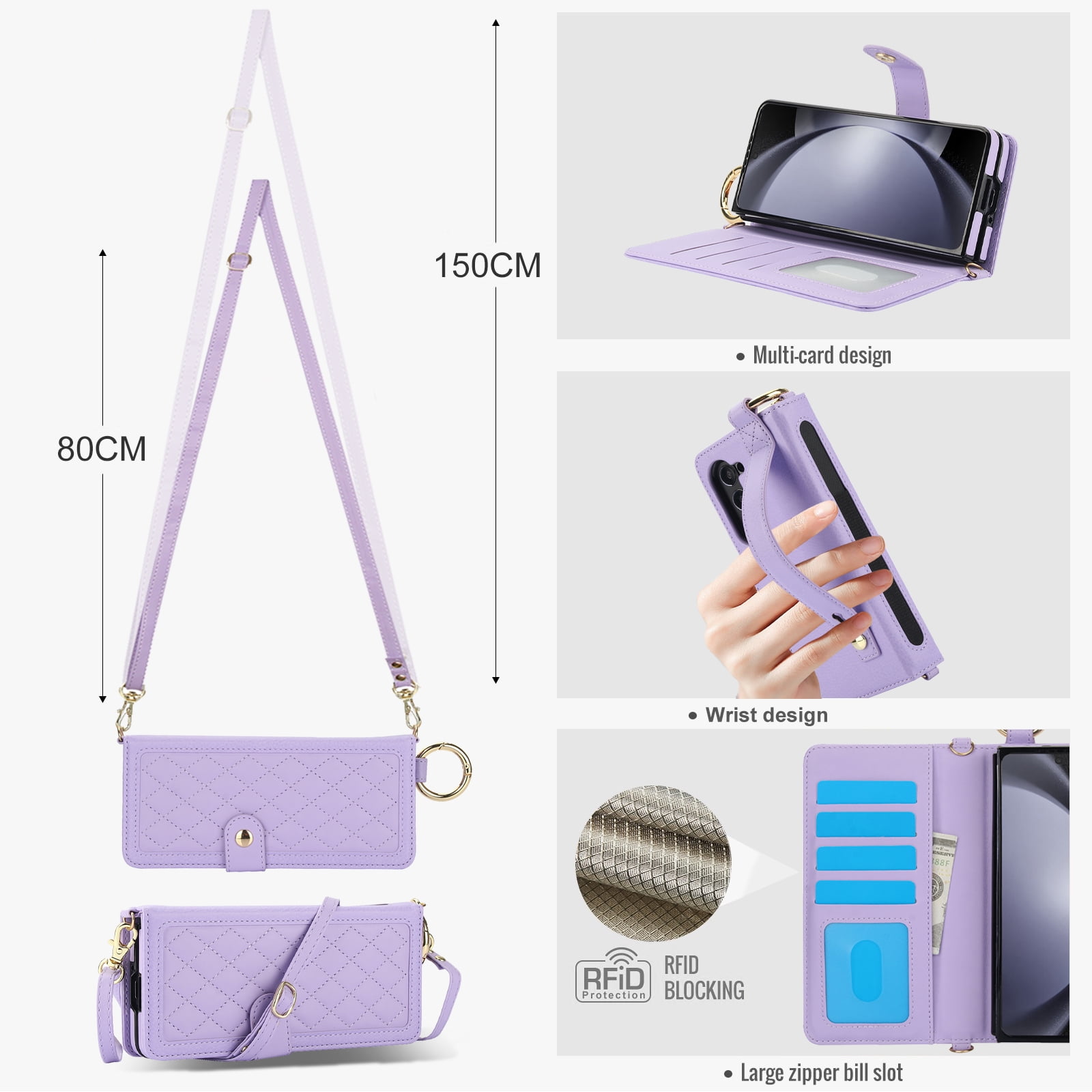 ShellTech Phone Case for Samsung Galaxy Z Fold 7 2025 Flip Leather Wallet Cover with S Pen Holder & Crossbody Lanyard Strap Credit Card Slot RFID Blocking Women Men Girls,Lightpurple