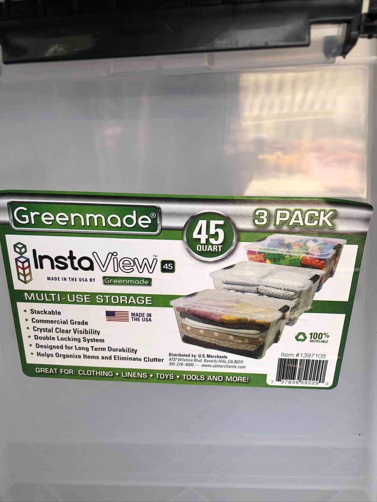 Greenmade InstaView 3 Pack 45 Quart Multi-Use Storage Bins M4A. New