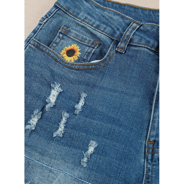 Blibea Women's Ripped Jeans Casual High Waist Sunflower Print Patchwork Distressed Denim Trouser Pants