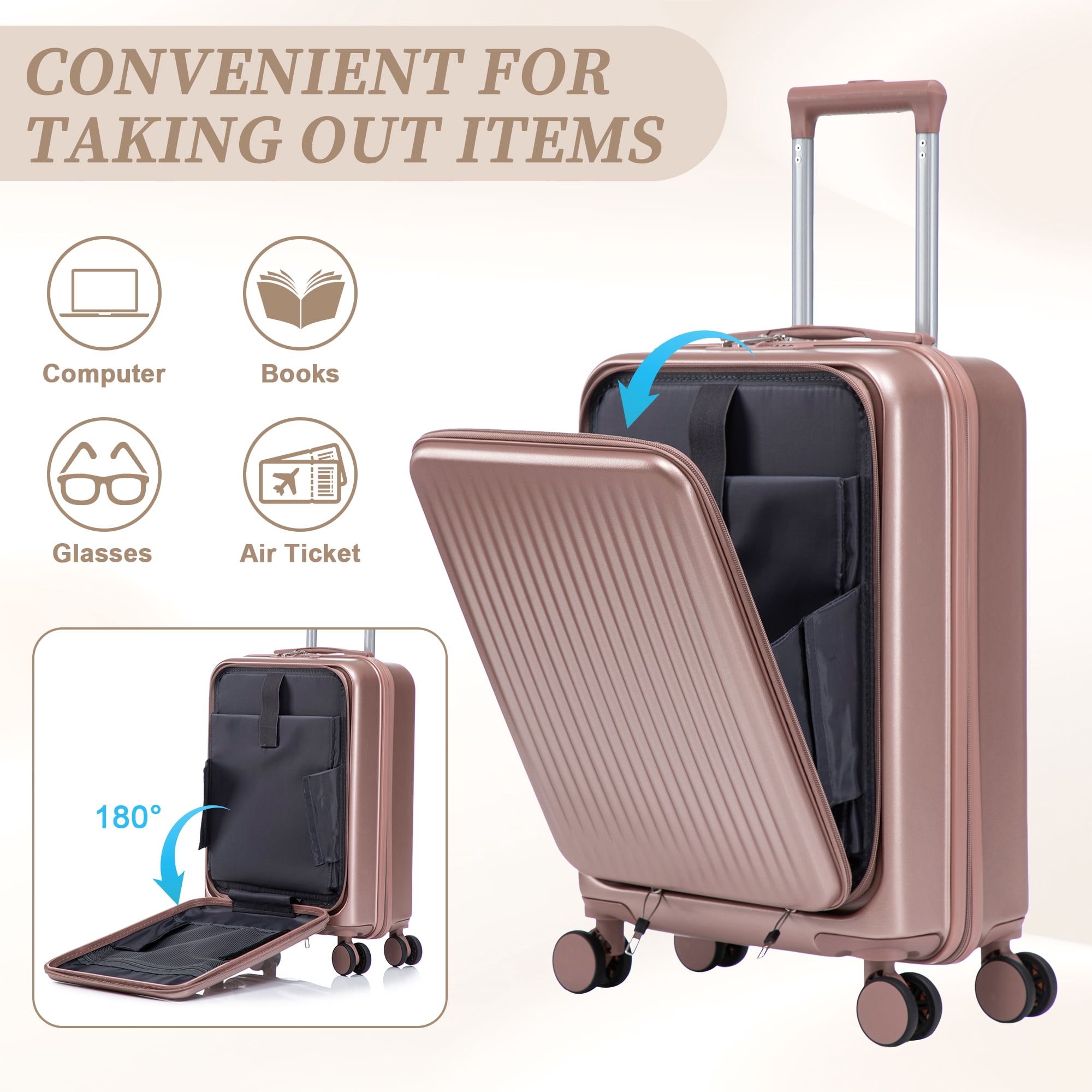 Alvantor 2 Piece Spinner Luggage Set, ABS Hardshell Front Opening Suitcase Set with Combination Lock and Cosmetic Case,14"/20" Champagne