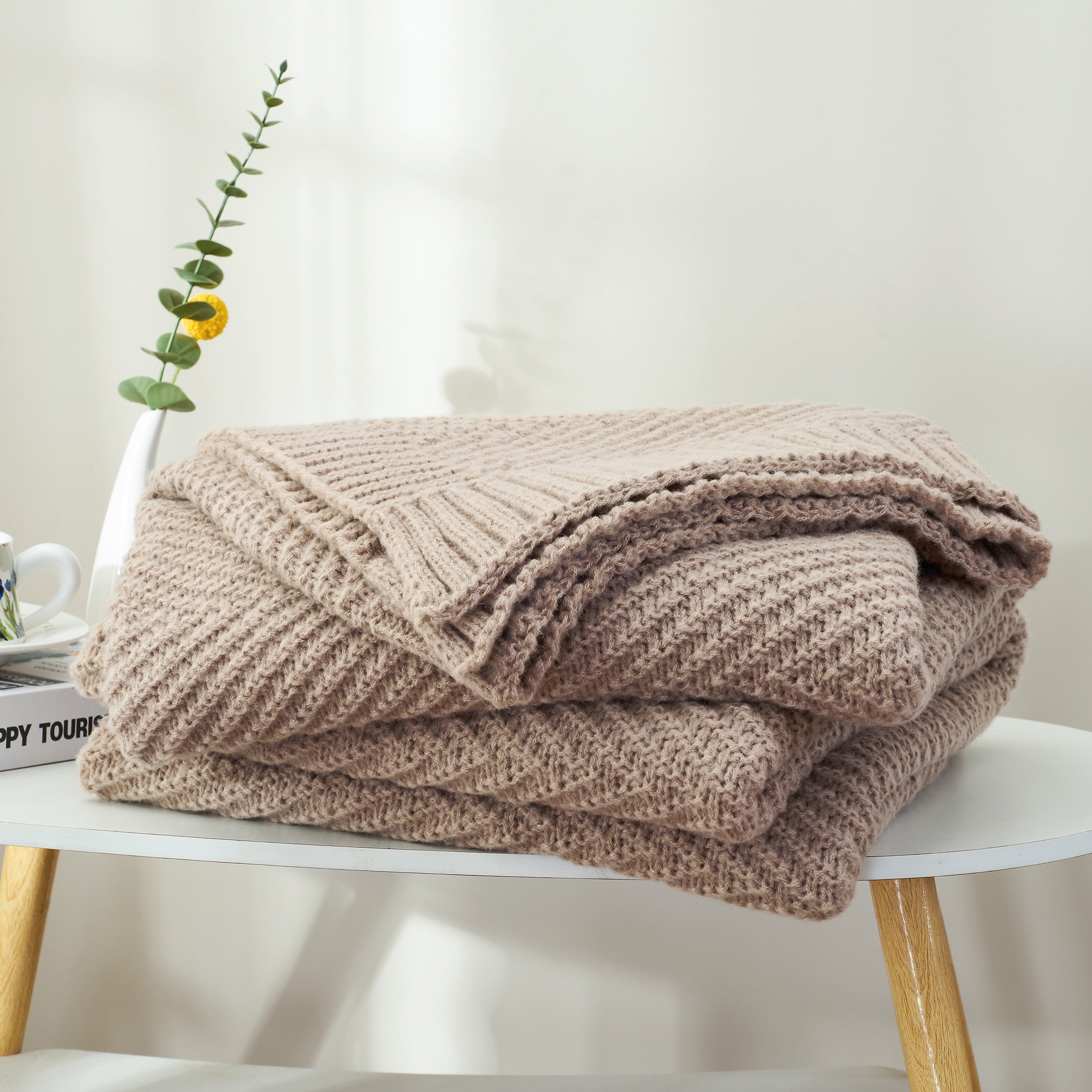 LONG CREATE Soft Knitted Throw Blanket 50" x 60" Taupe, Boho Chevron Farmhouse Throw for Bed Couch
