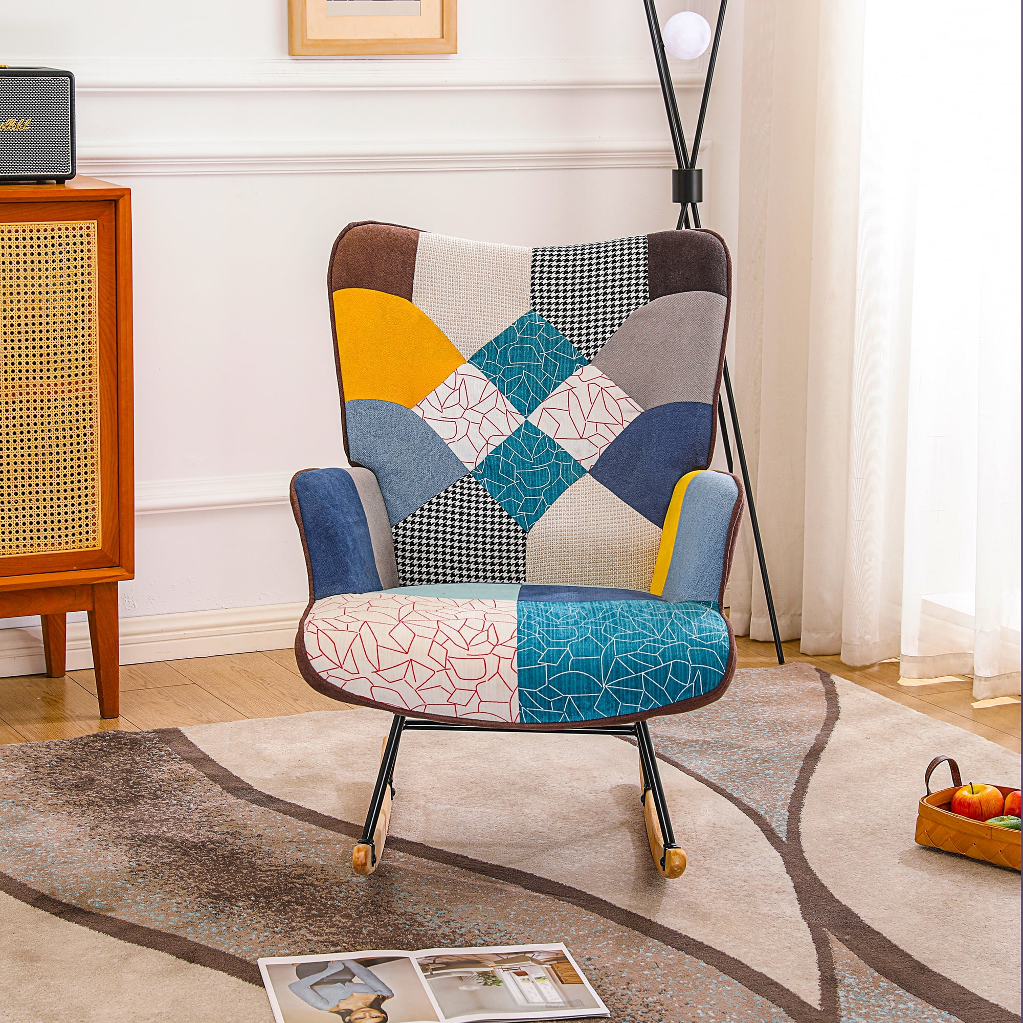 Rocking Chair, Tufted Upholstered Rocking Chair for Nursery, Comfy Wingback Glider Rocker with Safe Solid Wood Base for Living Room Bedroom Balcony