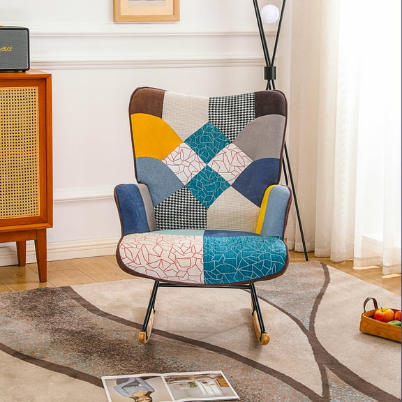 Rocking Chair, Tufted Upholstered Rocking Chair for Nursery, Comfy Wingback Glider Rocker with Safe Solid Wood Base for Living Room Bedroom Balcony