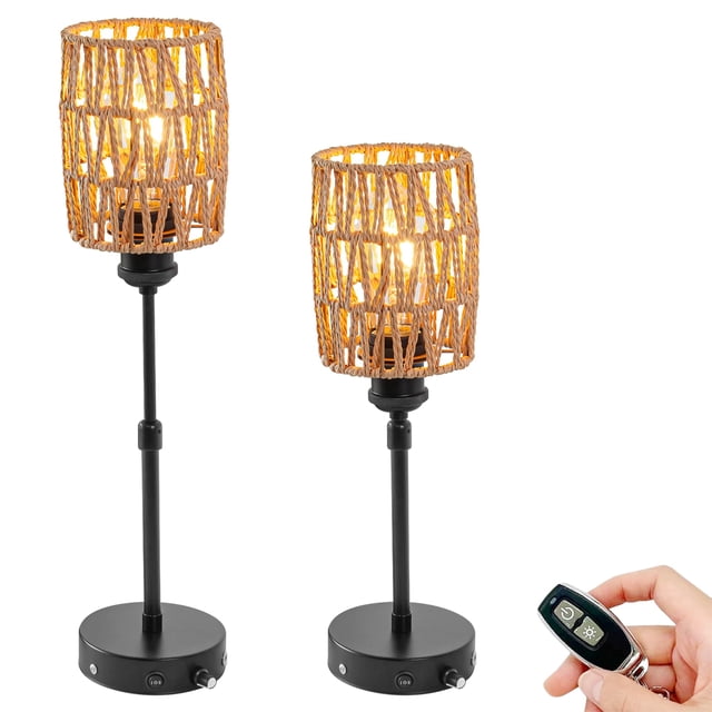 FSLiving Rechargeable Battery Operated LED Fireplace Lamps by Remote RV Table Lamp,Telescoping Rod Adjustable Height Lamp-Post Natural Twine Braiding Dimmable Edison Desk Lamp Hallway 2 Lights