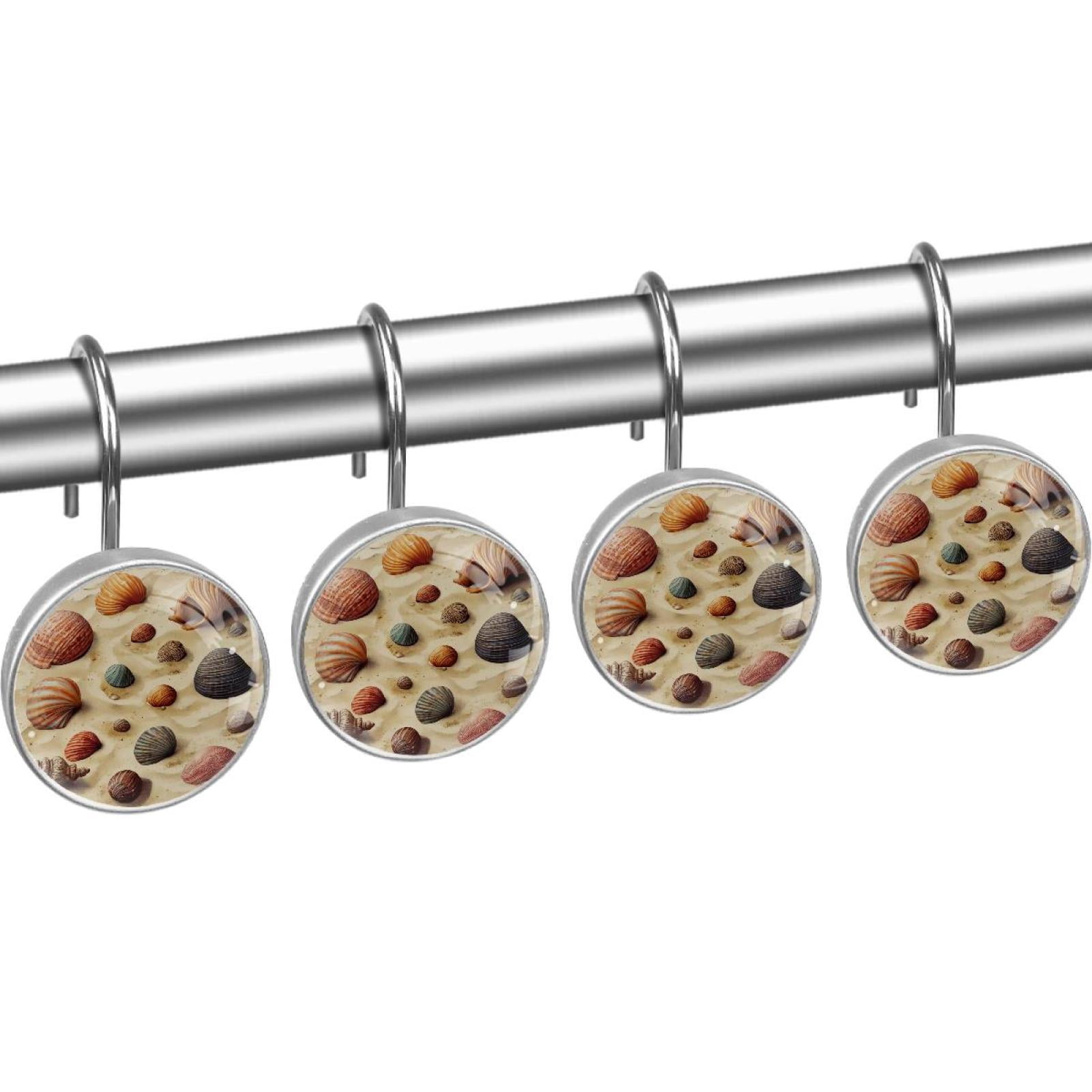 Shells on Wet Beach Sand Shower Curtain Hooks Round Crystal Glass, Set of 12 Shower Curtain Rings - Shower Hooks for Curtain Shower Rings