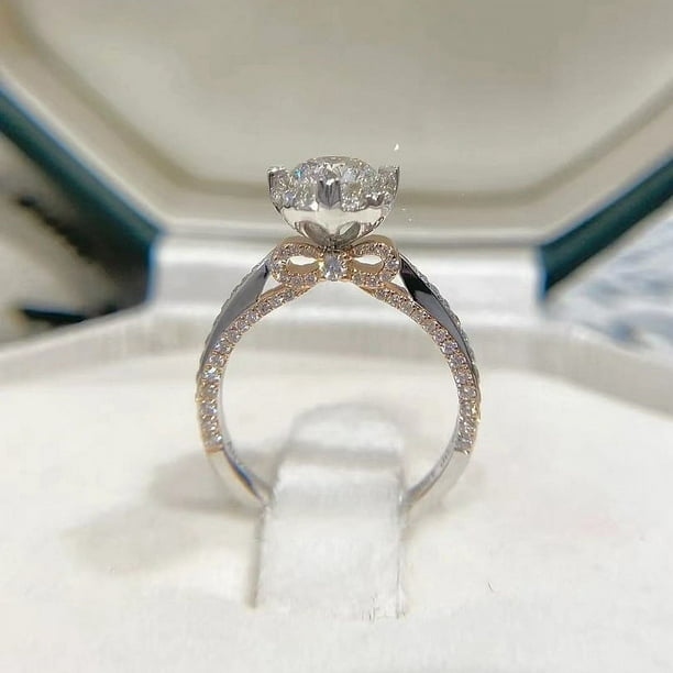 Anillo de bodas femenino de 1 quilate con lazo de cinta de plata esterlina y flor de moissanita