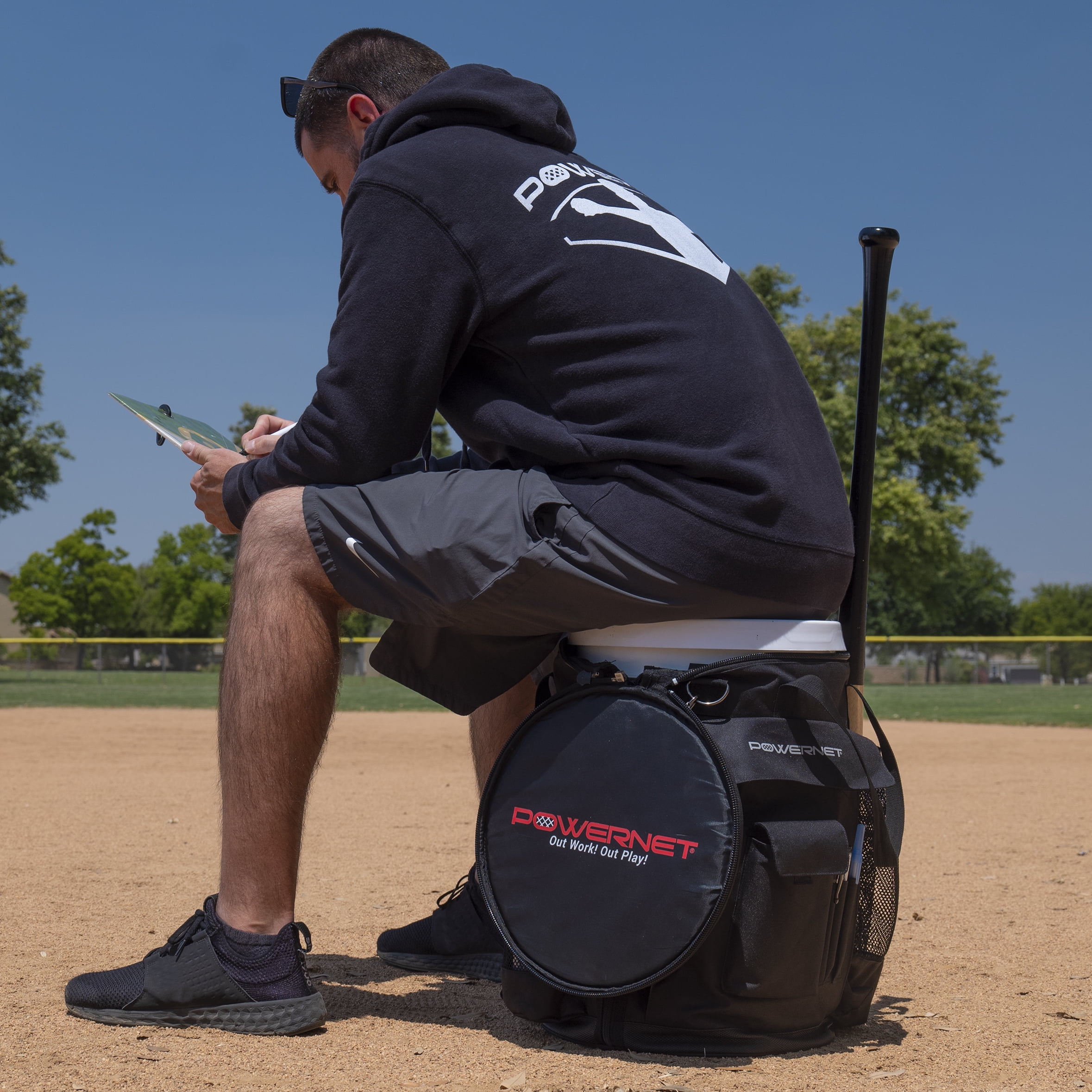 PowerNet Shoulder Bucket Caddy, Ball Bucket Bag with Padded Shoulder Strap & Pocket Organizer, Carry or Store Softball & Baseball Gear (Shoulder Bag)