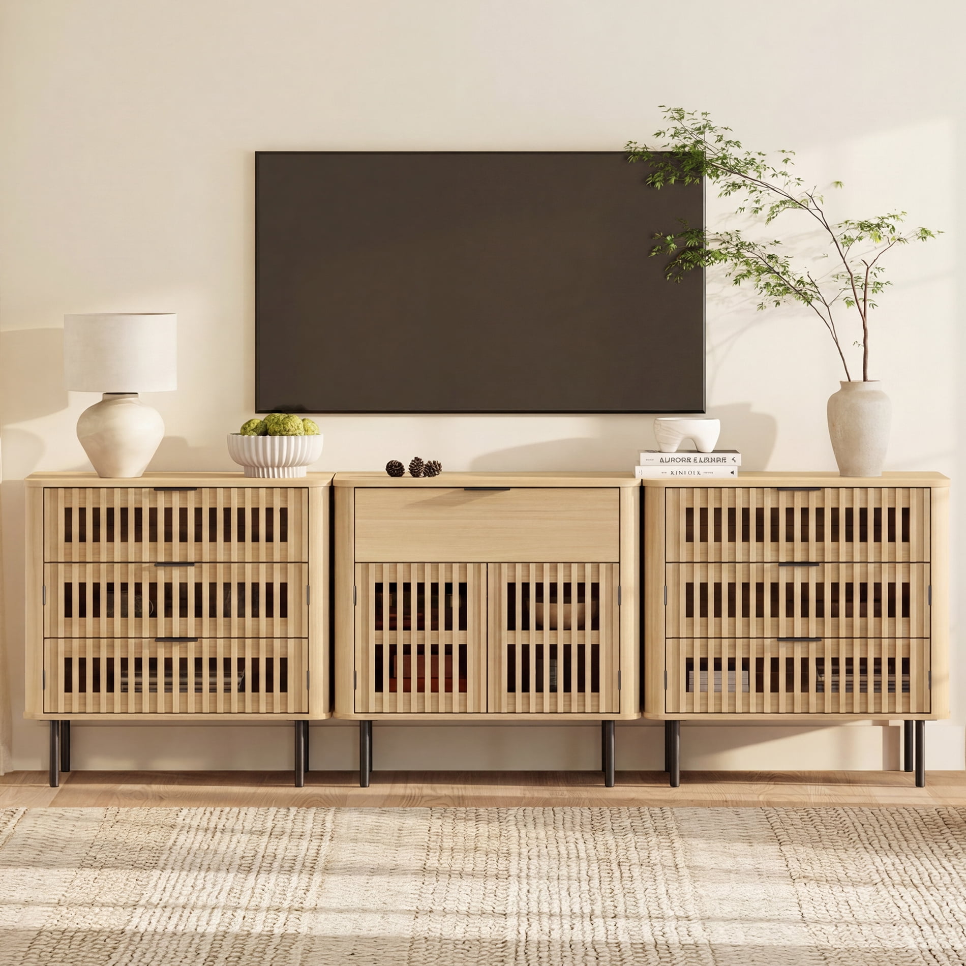 94.5 Inch Large Fluted Buffet Cabinet Sideboard with Storage, Pop-Up Doors & Adjustable Shelf, Wood Modern Accent Coffee Bar Console Table with Drawers for Kitchen, Living Room, Oak