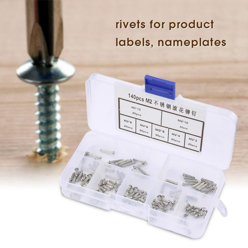 OTVIAP 140pcs M2 Stainless Steel Round Head Knurled Shank Solid Rivets