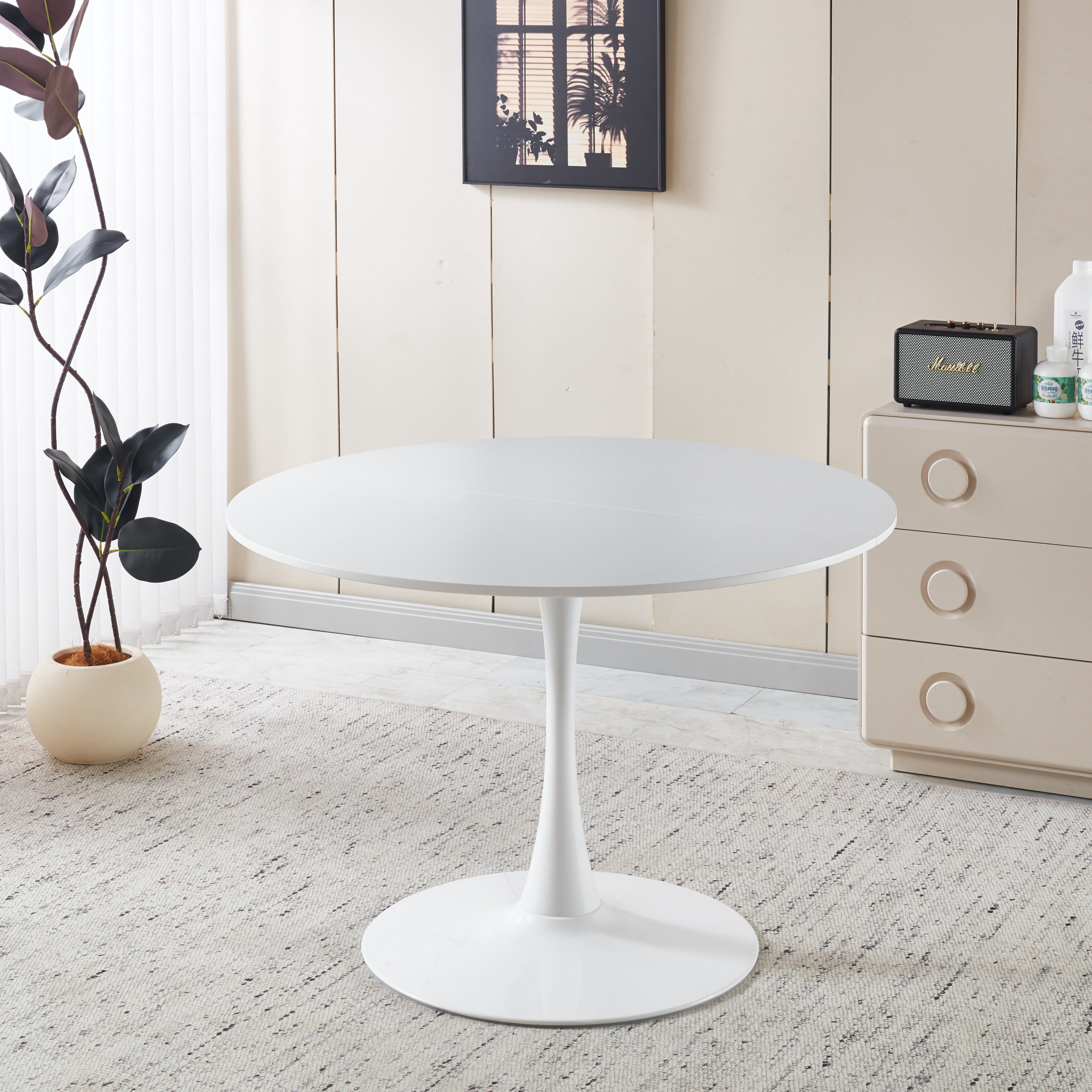 Mintazer 42.1" Large Round Dining Table Top Tulip Table for 4-6 People, Mid-Century MDF Kitchen Table for Dining Room, White