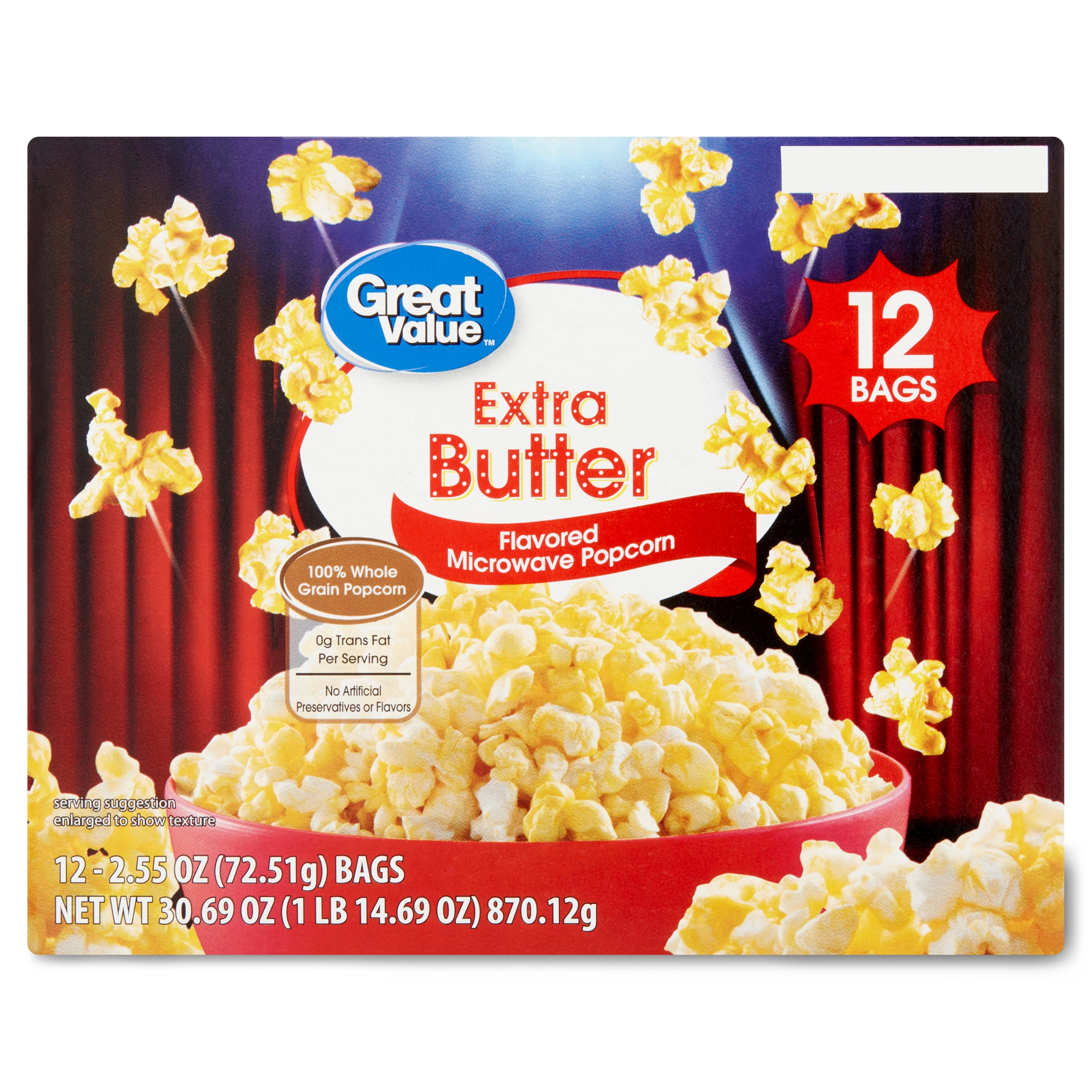 Great Value Extra Butter Flavored Microwave Popcorn, 2.55 Oz, 12 Count