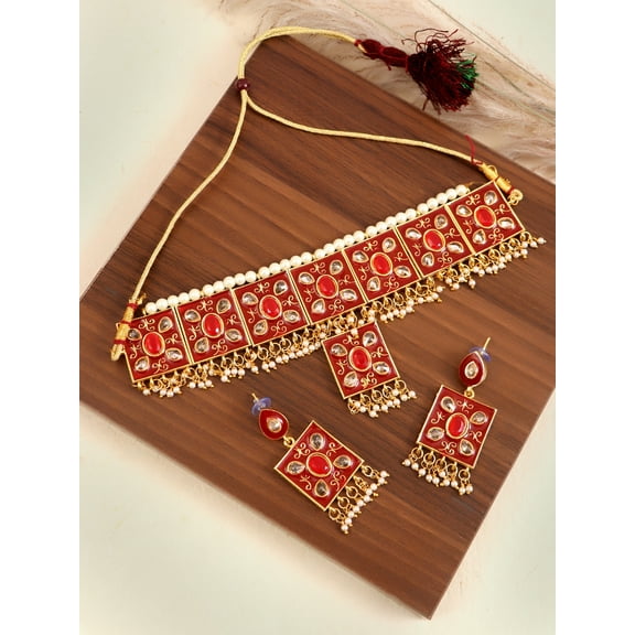 Gold-plated Rajasthani Choker Set in Red Color Meena and Kundan Work Jewellery Set