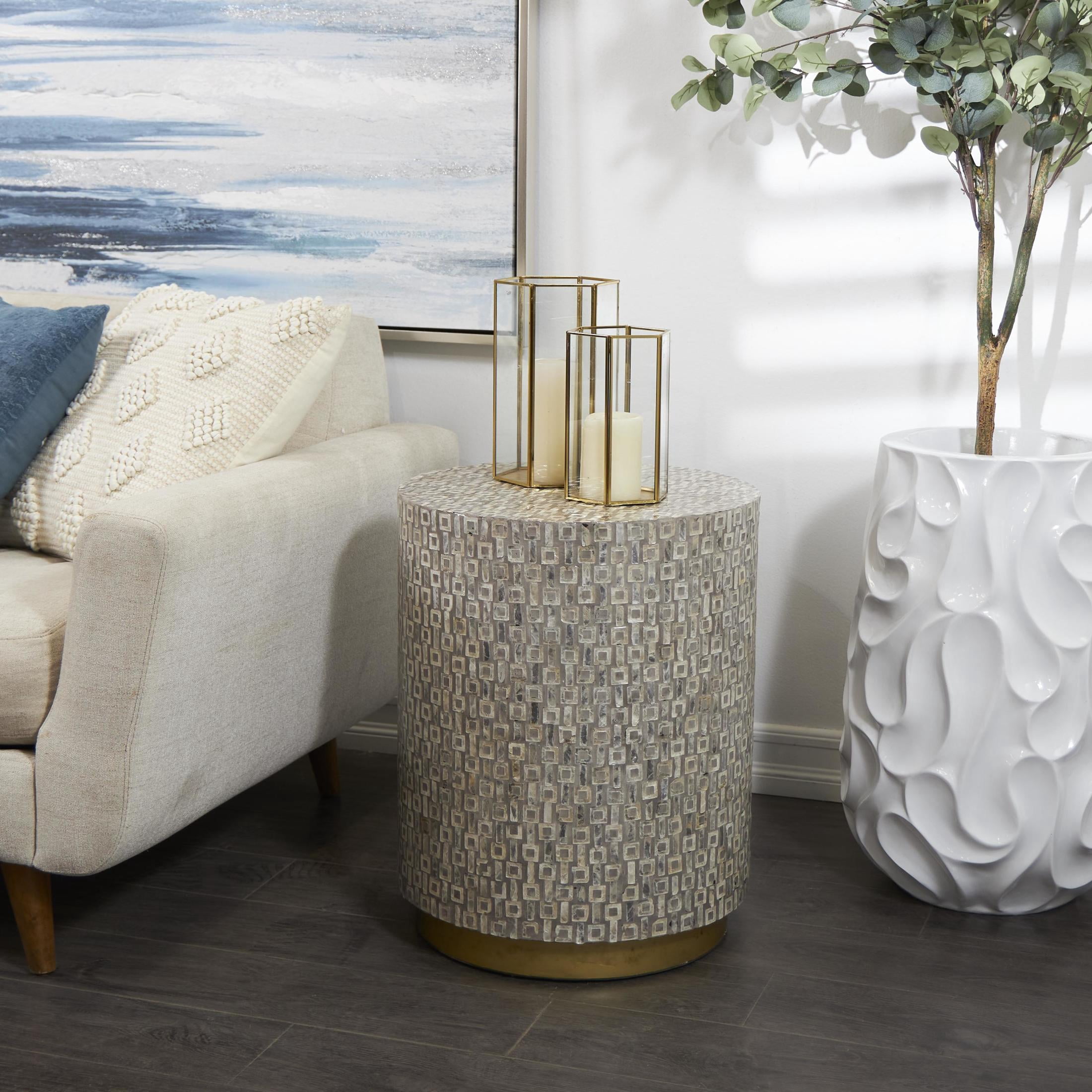 DecMode Contemporary Round Side Table with Multi Color Shell Geometric Pattern, 18"W x 22"H