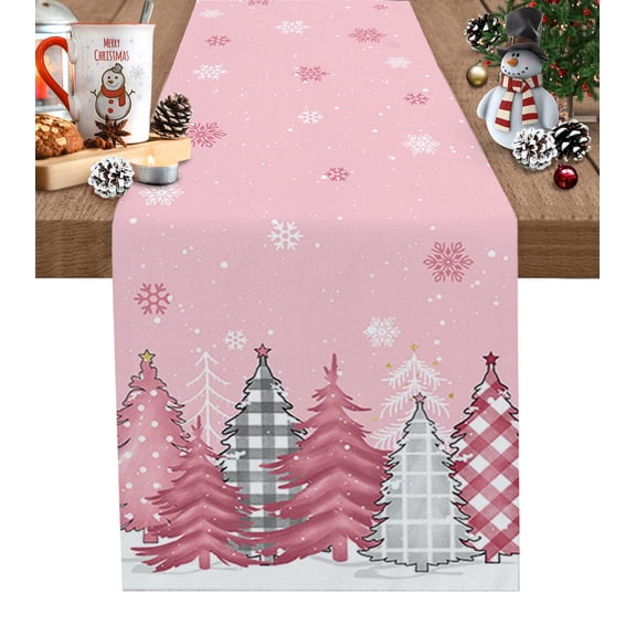Ldtrchee Christmas, Table Runner 72 Inches, Blush Pink Buffalo Pine Tree Plaid Dot Bed Runner Dresser Scarves Tabletop for Indoor Outdoor Parties/Ceremony/Banquet, 16" x 72"
