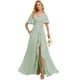 thumbnail image 1 of Vestido de dama de honor deamify con cuello en V, gasa y mangas onduladas, color salvia, 1 of 7