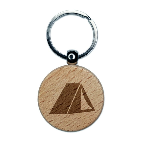 Tent Camping Round Keychain Charm Tag - Engraved Wood