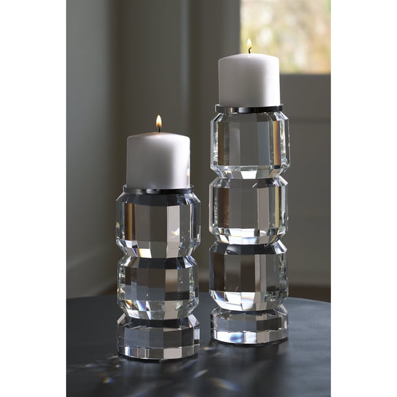 Signature Design by Ashley Brentley Crystal Candle Holder Set of 2, Clear and Silver Pillar Candle Holders