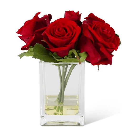 K&K Interiors 8" Real Touch Red Rose Flower Arrangement in Faux Water Glass Vase for Mother's Day