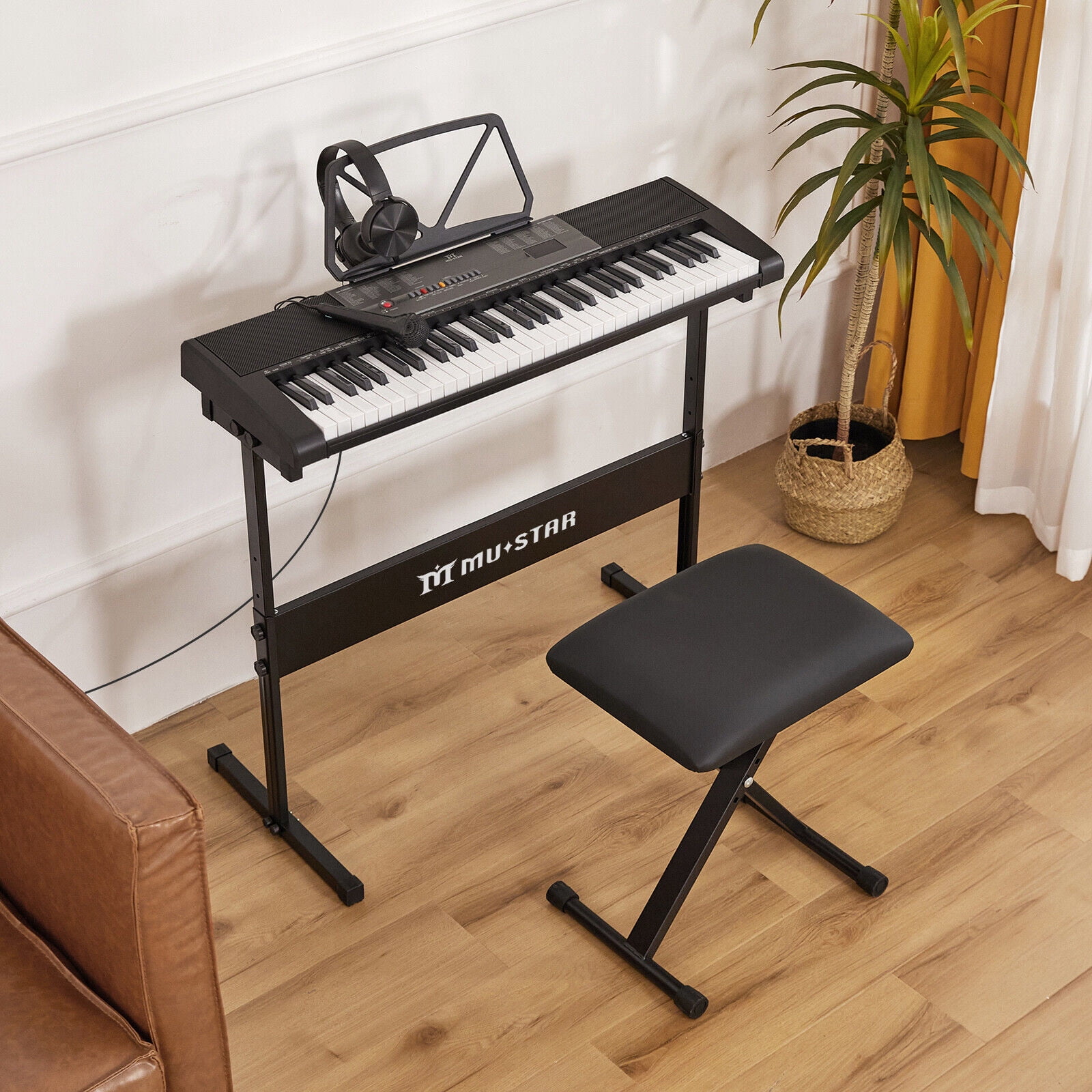 MUSTAR Portable 61 Keys Electric Lighted Up Piano Keyboard for Beginner with Bench,Stand,Headphone,Microphone,Note Sticker,Built-in Speaker(Black)