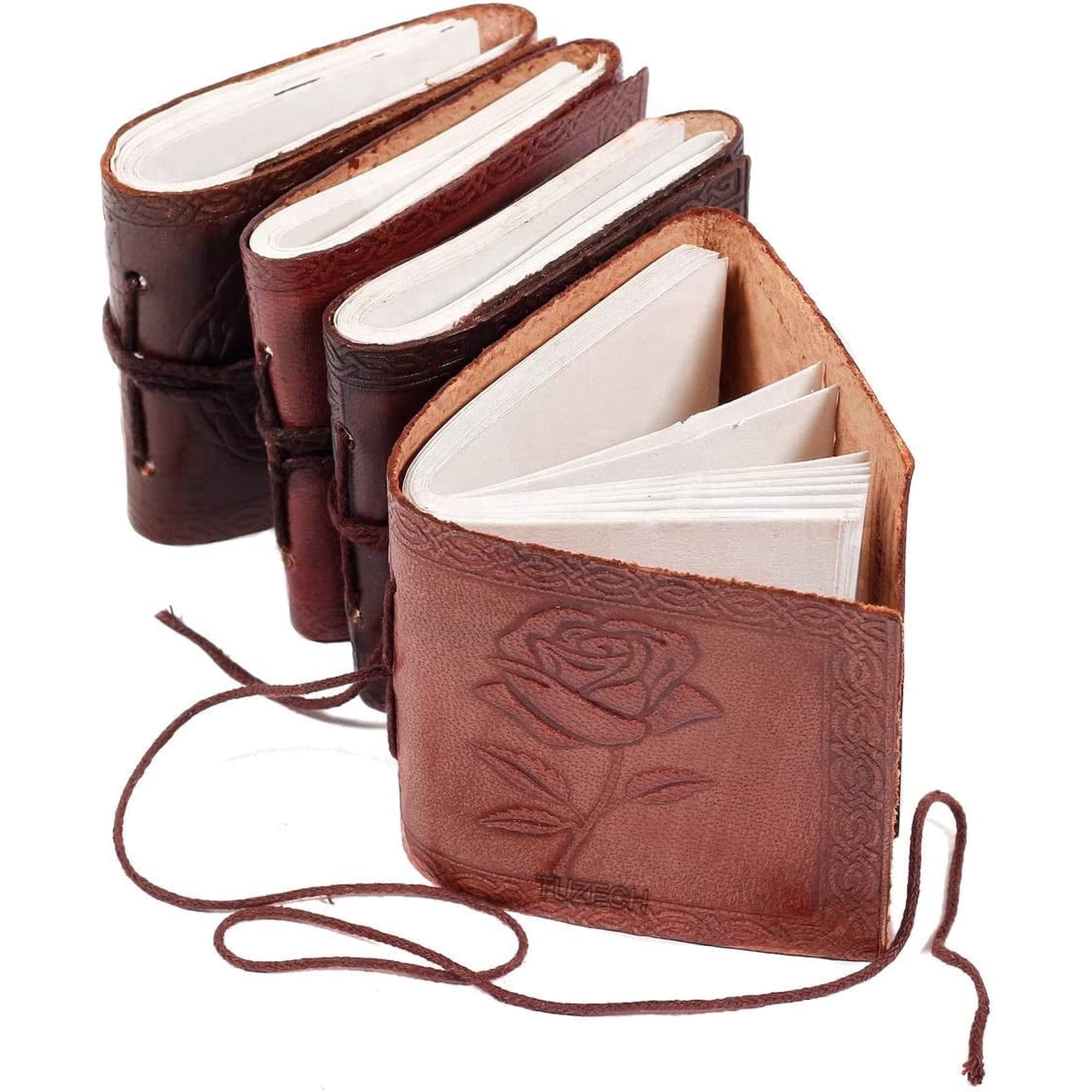 TUZECH Handmade Leather Bound Book of Shadows Mini Notebook Blank Unlined Small Pocket Tiny Journal For Office Artist Architect Personal Note Vintage Diary for Women and Men Rose Miniature (Set of 4)