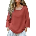 thumbnail image 2 of Endives Women's Cotton Linen Shirt 3/4 Sleeve Round Neck Solid Color Loose Top Womens Blouse Summer T Shirt Top Red, 2 of 5