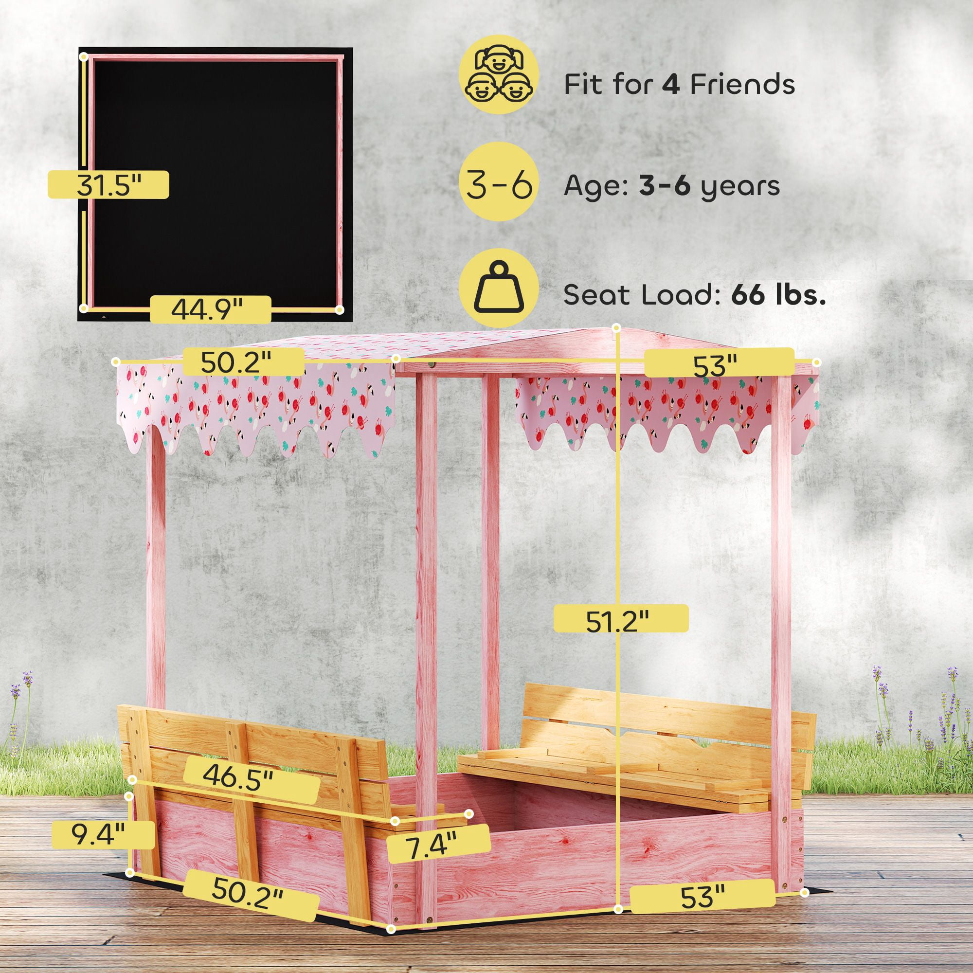Wooden Sandbox with Cover, Kids Sandbox Outdoor with Seat, Bottom Liner, Canopy for Ages 3-6, Flamingos Print, Pink