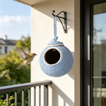 Eolstice Natural Seagrass Bird Hut, Hanging Warm Nest House For Cockatiel Parakeet Budgie, Pet Feathered Toy Shelter, Small Cage Accessory Decor,Blue