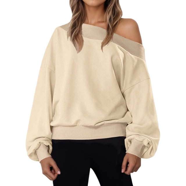Women Off the Shoulder Sweatshirt - Fall Winter Fleece Pullover Tops - Casual Solid Color Drop Shoulder Long Sleeve