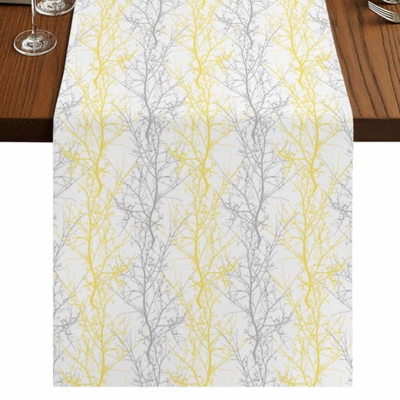 Yellow Gray Short Table Runner 60 Inches Long,Pastoral Botanical Branch Aesthetics Cotton Linen Table Runners Dresser Scarves,Fabric Tabletop Scarf Furniture Cover for Home Dinner Party Decor 13"x60"
