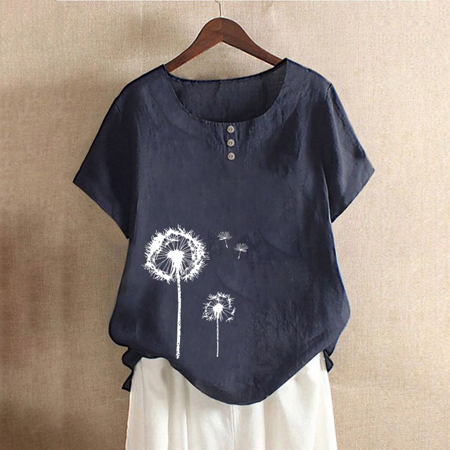 Jienlioq Hauts d'Été pour Femmes Mode Blouses Décontractées Imprimées Chemises à Boutons Manches Courtes Col Rond Marine XXXXXL