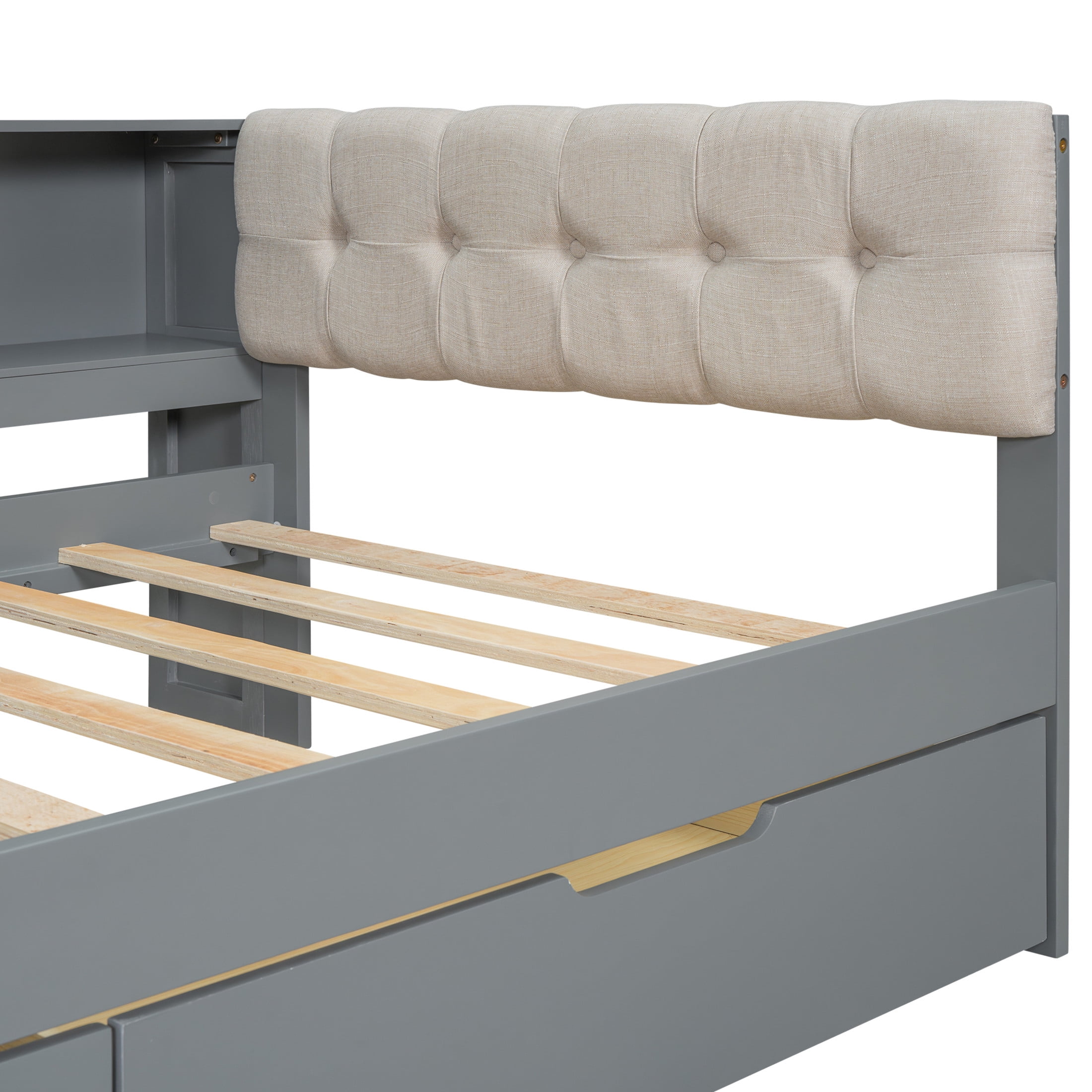 Noble House Udolf Twin Platform Bed with Upholstered Headboard, Storage Shelves and Drawers, Charging Station, Gray