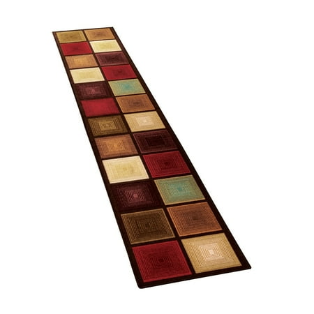 Optic Squares Runner Rug in Deep, Rich Hues - Skid-Resistant Backing Perfect for Hallway, 20