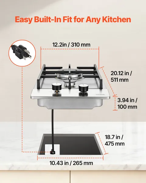 12 Inch Built-in Stainless Steel Gas Cooktop 2 Burners 12250 BTU LPG NG Convertible Dual Fuel Hob with Thermocouple Protection for Outdoor Kitchen Camping RV