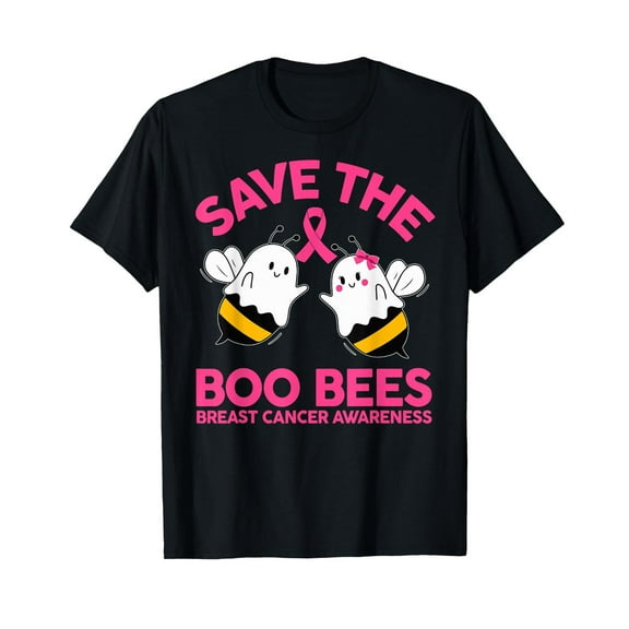 Cute Bee & Breast Cancer - Themed Patterned Tee,Tops Boasts"SAVE THE BOO BEES BREAST CANCER AWARENESS"Text and Cute Bee Illustrations,Round Neck Regular Fit T - shirts, Size(S - 5XL)